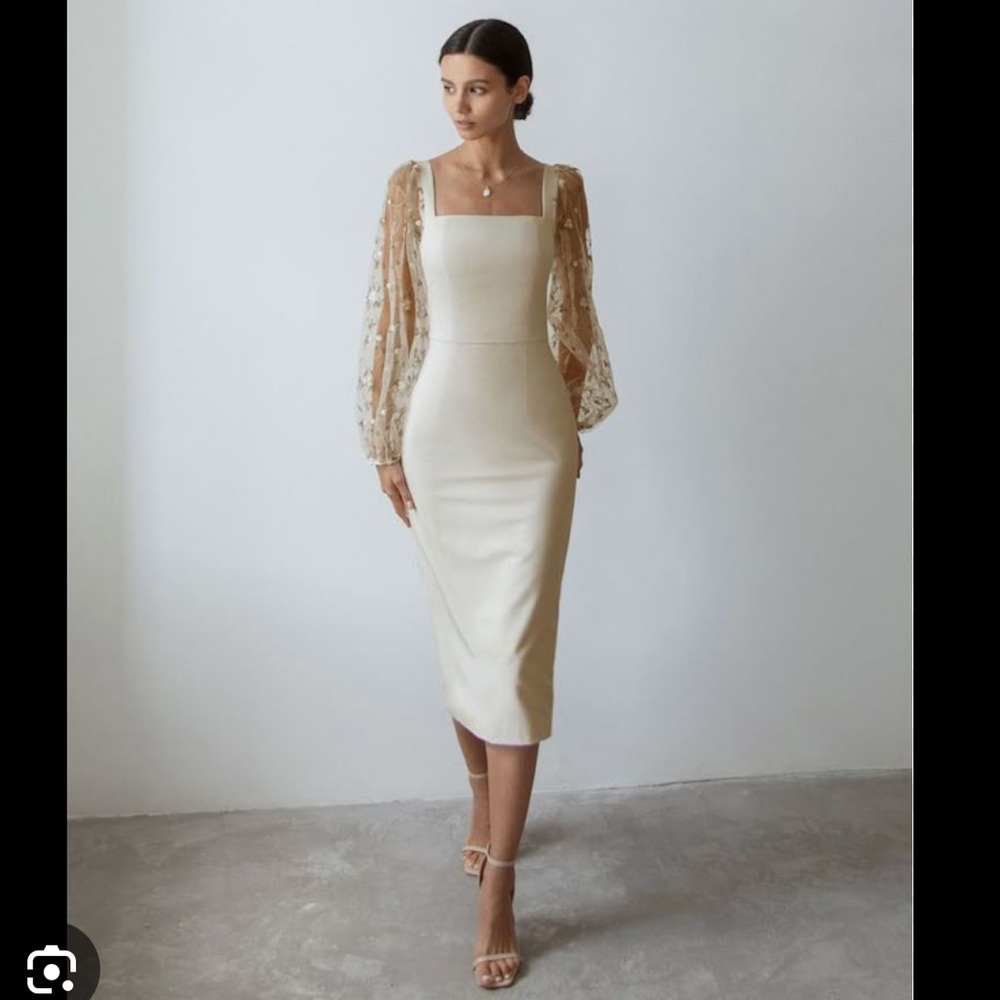 Elegant Beige Midi Dress with Sheer Sleeves